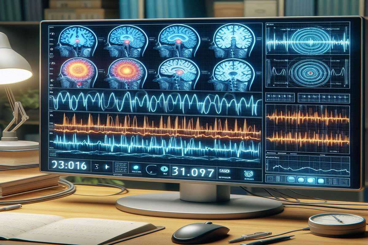 صفحه نمایش دستگاه نوار مغز که نمودارهای مغزی را در منزل بیمار نشان میدهد