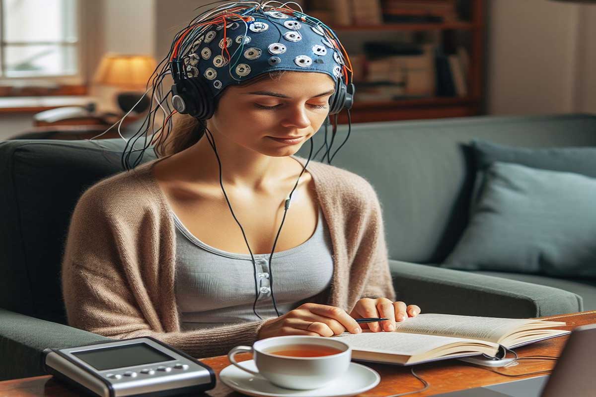 عکس از خانمی که در خانه خود در حال مطالعه و چایی خوردن است و الکترود نوار مغزی به او متصل