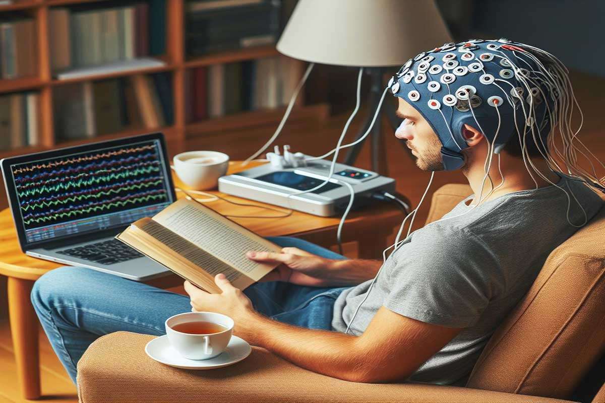 الکترودهای متصل به سر بیمار در حین ثبت نوار مغز EEG در منزل