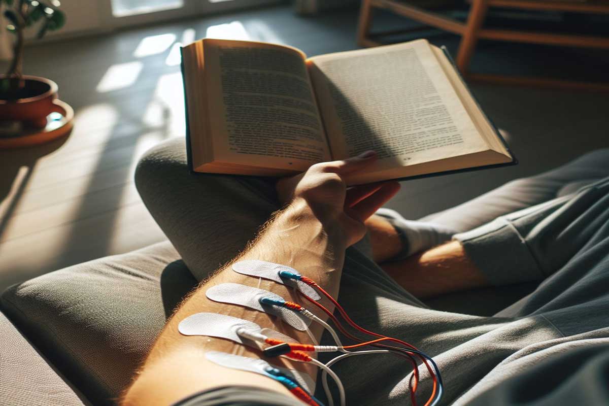 فردی در حال کتاب خواندن که الکترود نوار عصب به وی متصل است