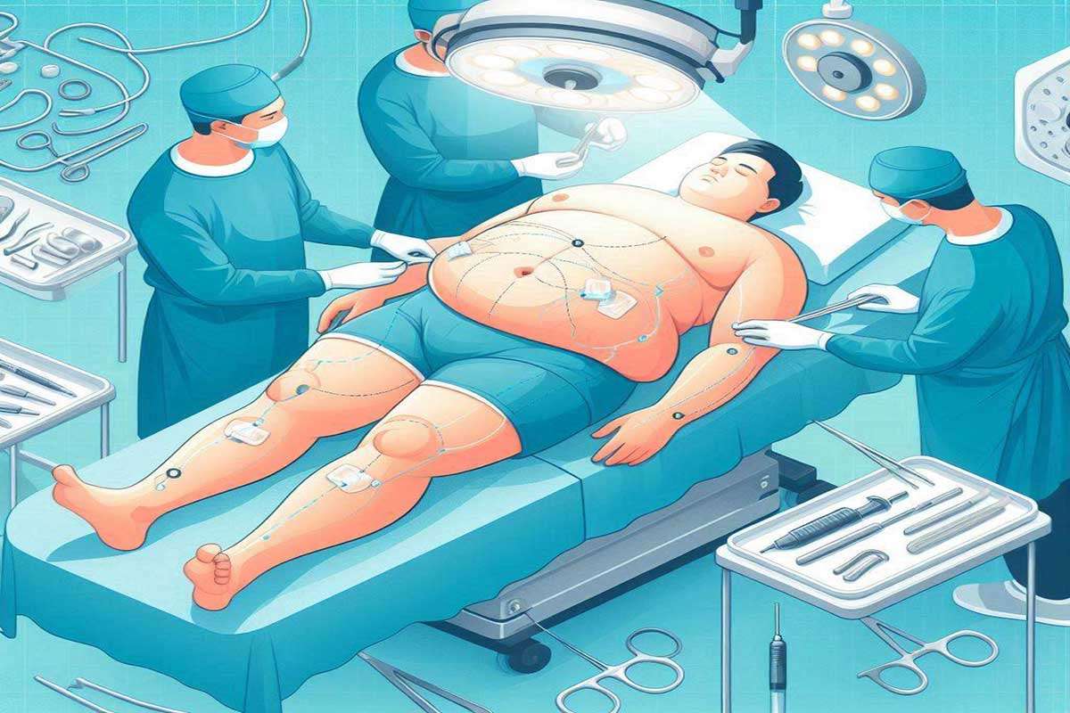 نمایی از یک بیمار چاق که روی تخت دراز کشیده و امبدینگ روی بدن وی انجام می شود