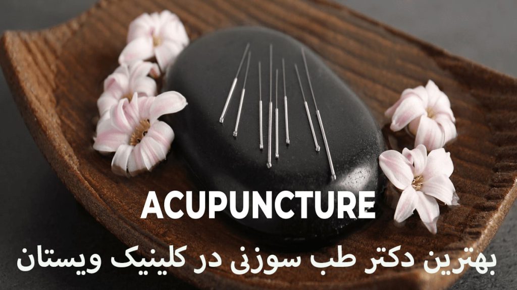 سوزن های طب سوزنی بر روی یک سنگ که دو طرف آن هم با گل پوشانده شده است