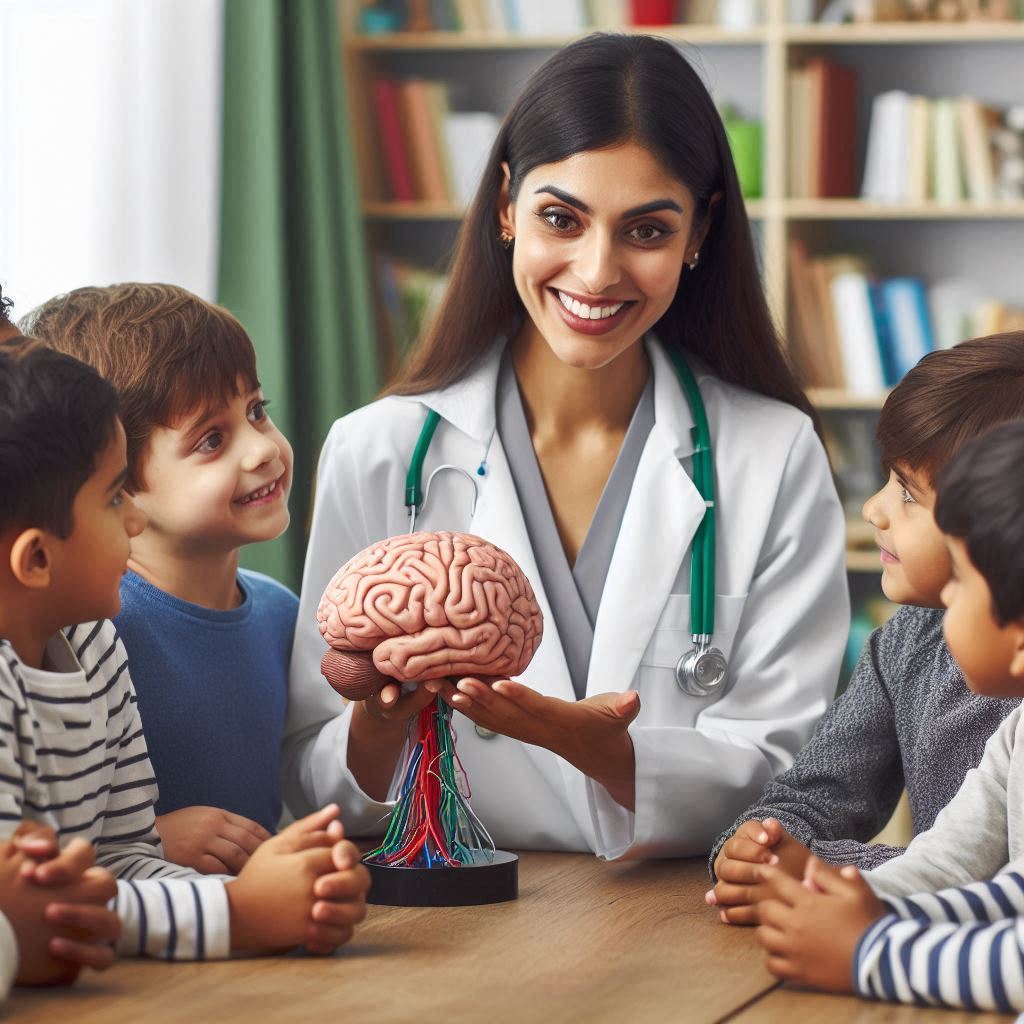 پزشک متخصص مغز و اعصاب در حال صحبت با چند کودک بیمار